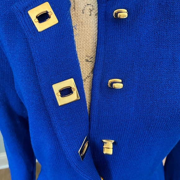 St. John Vintage 80’s Santana Knit Long Sleeve Sweater Dress blue gold button 4 - Picture 10 of 16